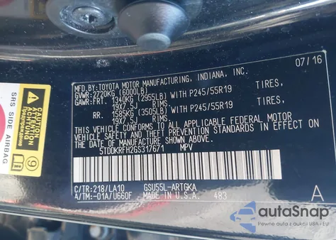 2016 Toyota Highlander Limited Platinum V6 z USA, uszkodzony, nr VIN 5TDDKRFH2GS317671